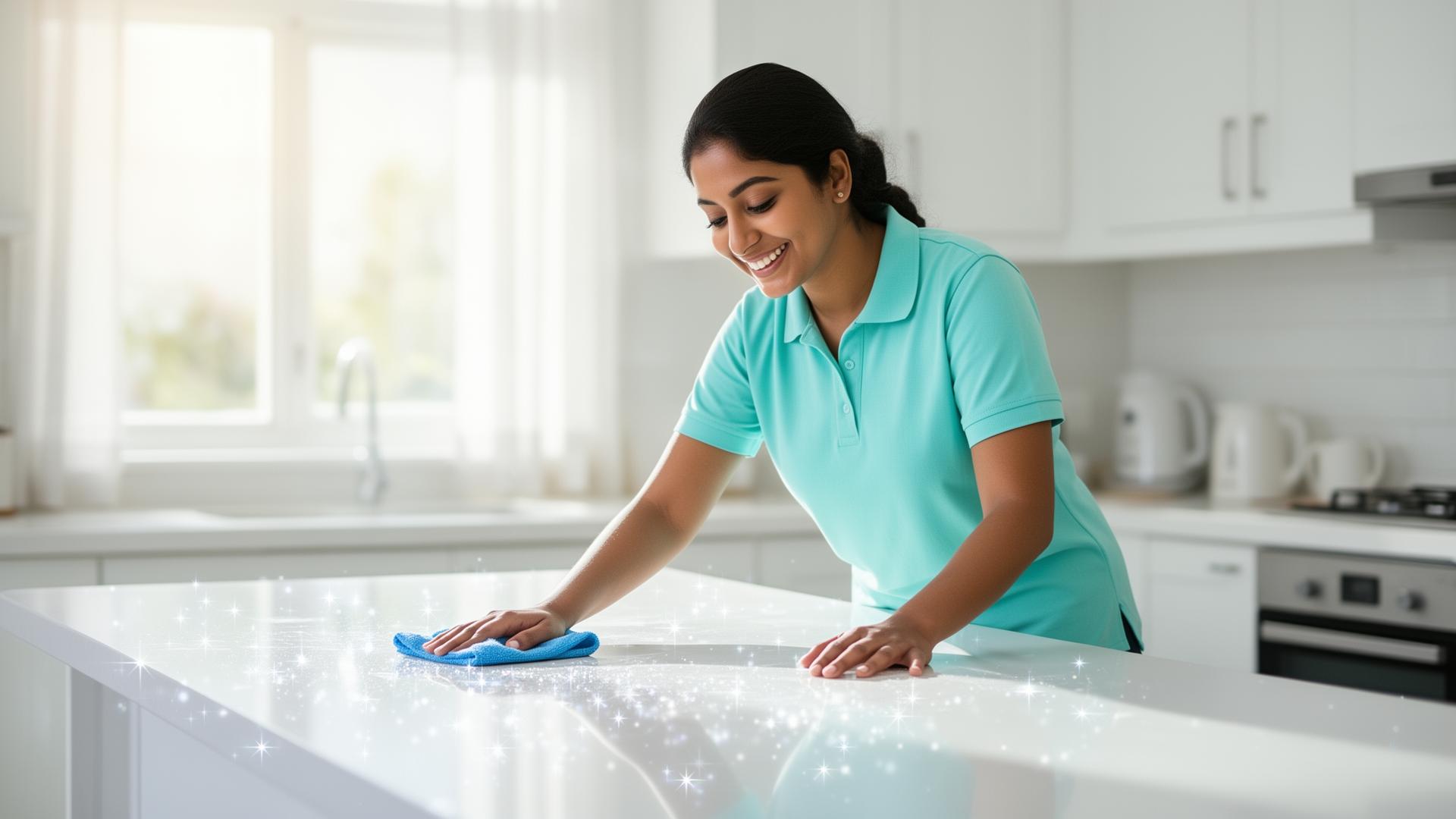 Professional cleaner sanitizing a kitchen countertop